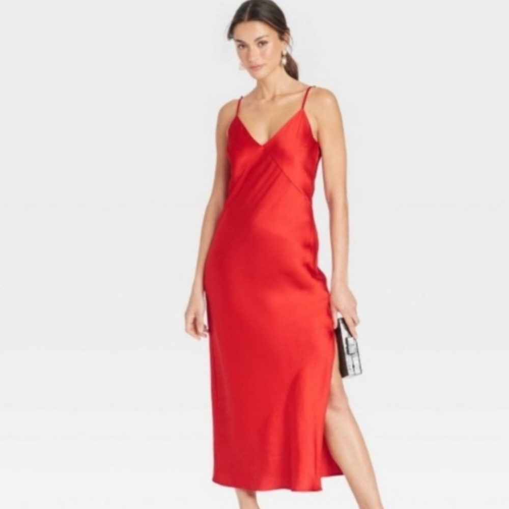 A New Day Red Satin Slip Midi Dress with V-Neck Size SM NWT